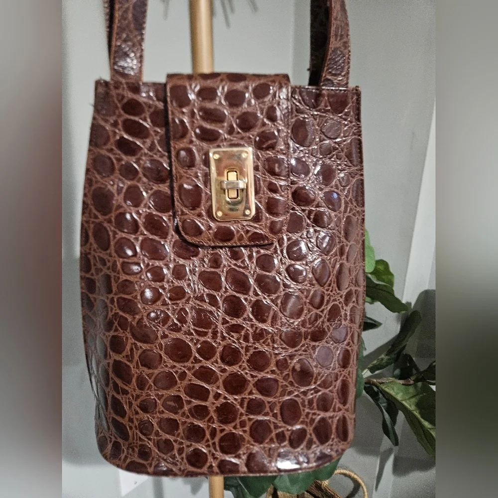 Brown Croc-Embossed Shoulder Bag